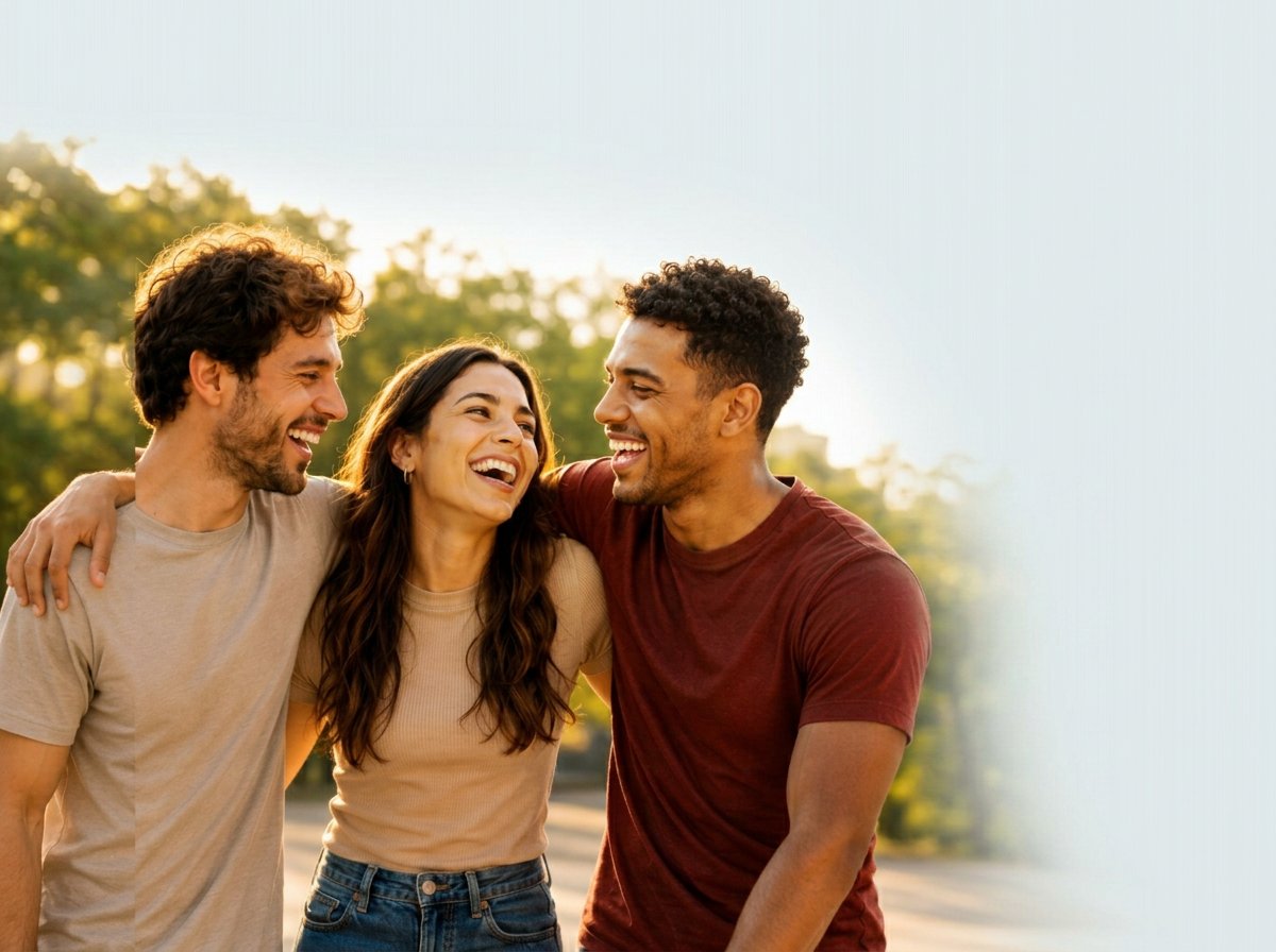 Três amigos sorrindo juntos ao ar livre